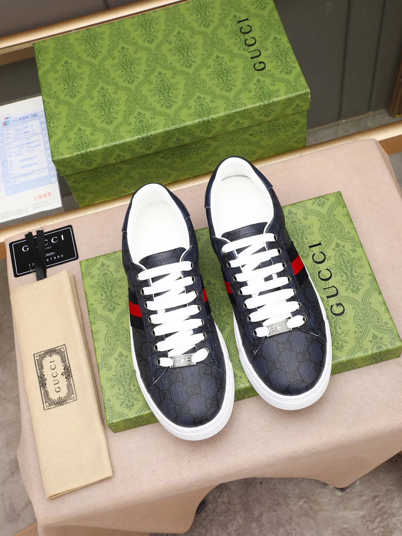 Gucci Ace Navy GG Monogram Web Stripe Lifestyle Sneakers 3