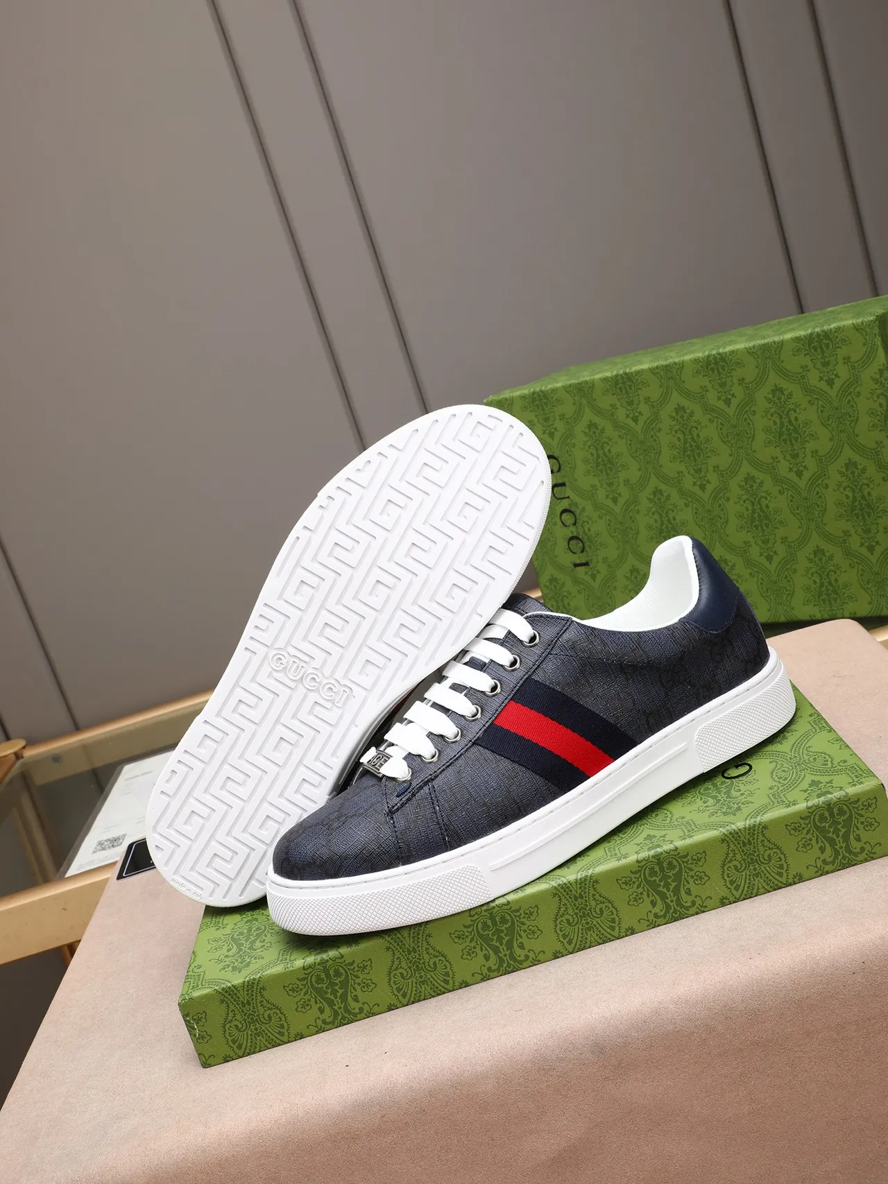 Gucci Ace Navy GG Monogram Web Stripe Lifestyle Sneakers 5