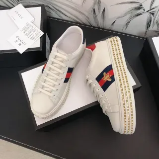 Gucci Ace White Leather Web Stripe Embroidered Bee Crystal Sole Lifestyle Sneakers