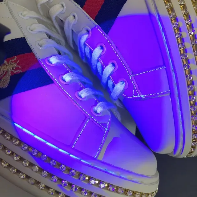 Gucci Ace White Leather Web Stripe Embroidered Bee Crystal Sole Lifestyle Sneakers 2