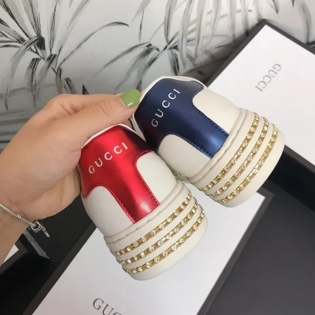 Gucci Ace White Leather Web Stripe Embroidered Bee Crystal Sole Lifestyle Sneakers 3