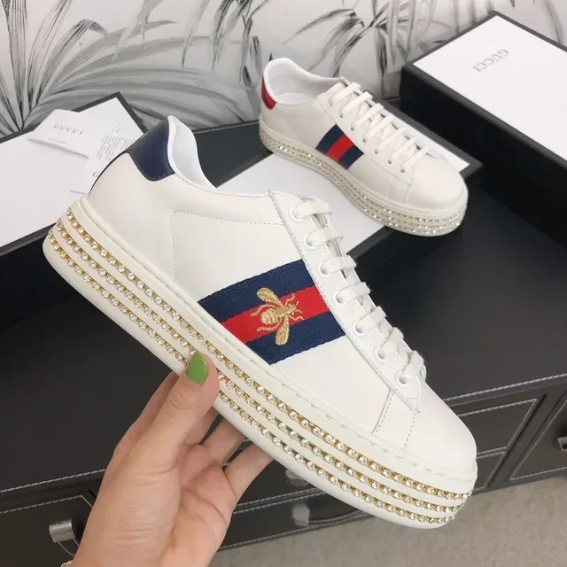 Gucci Ace White Leather Web Stripe Embroidered Bee Crystal Sole Lifestyle Sneakers 4