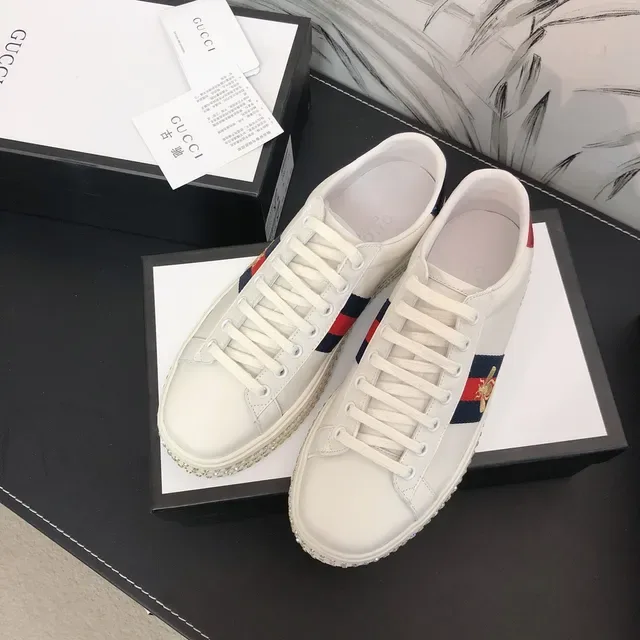 Gucci Ace White Leather Web Stripe Embroidered Bee Crystal Sole Lifestyle Sneakers 5