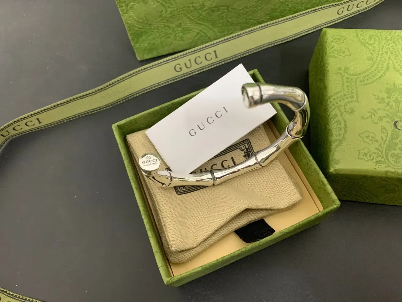 Gucci Bamboo Bracelet Polished Silver-Tone Open Cuff Bracelet 4