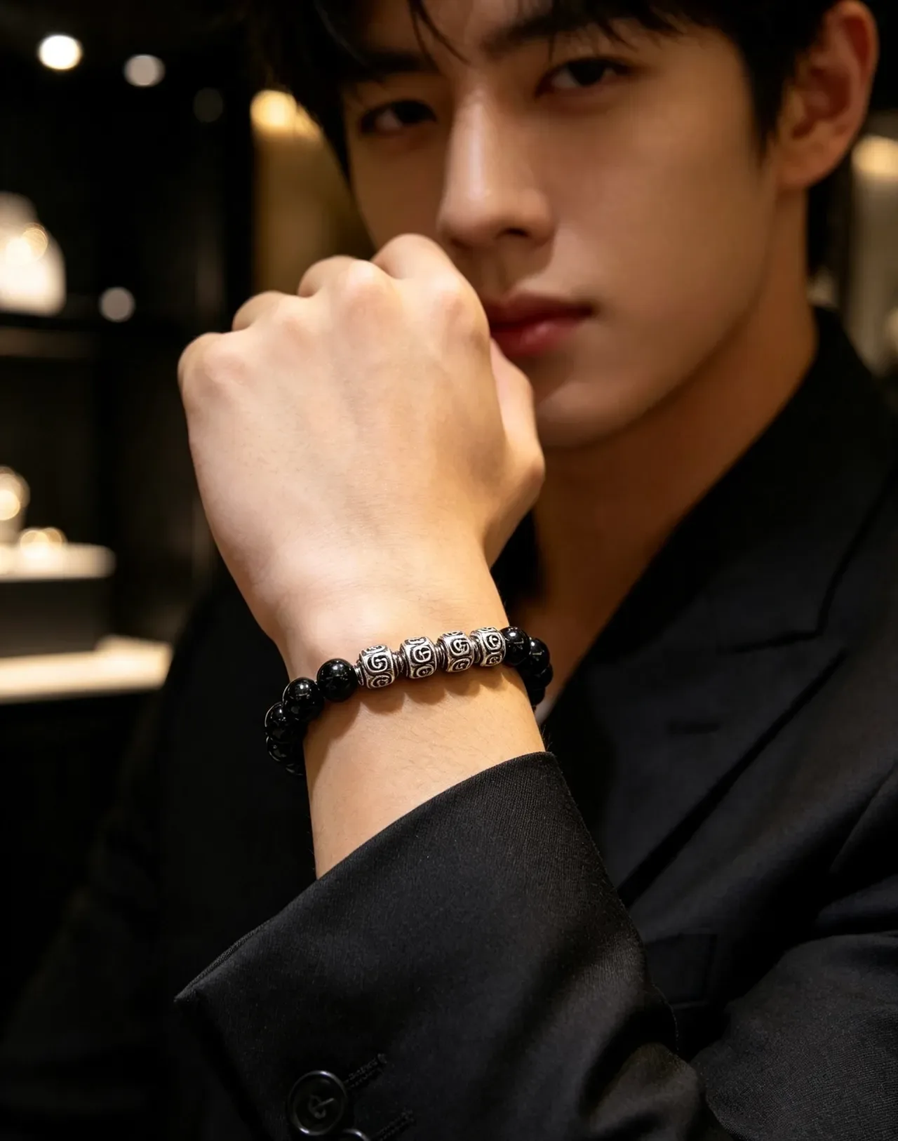 Gucci Beaded Interlocking G Motif Black and Silver Bracelet 4