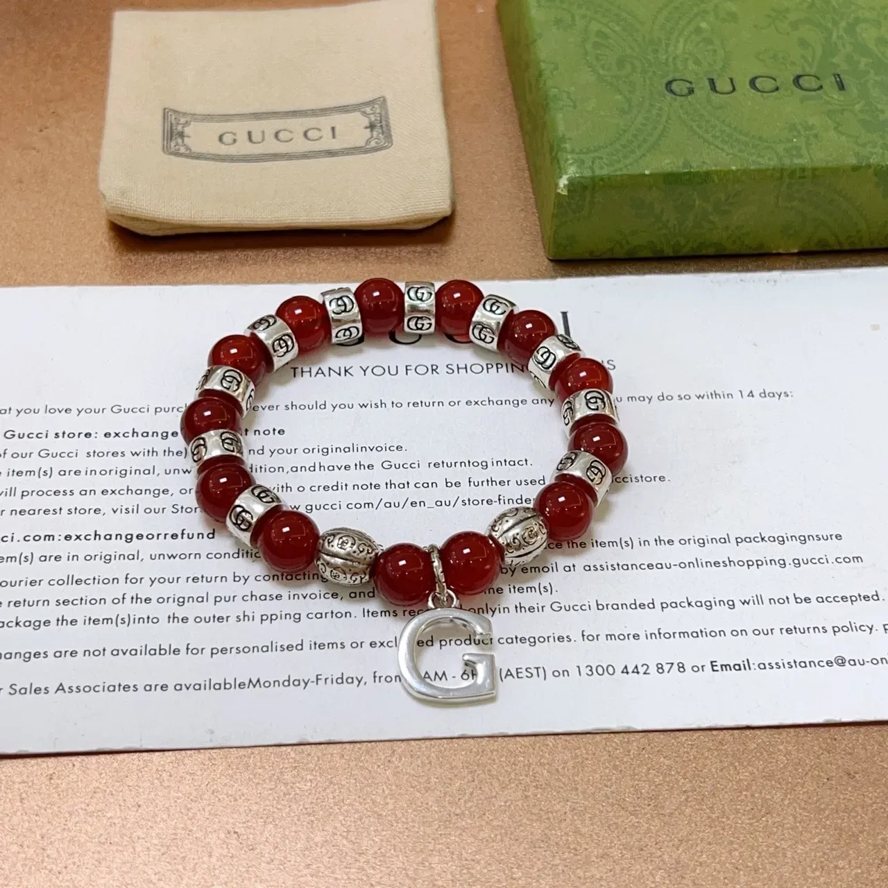Gucci Beaded Red Agate and Silver-Tone Interlocking G Pendant Bracelet 6