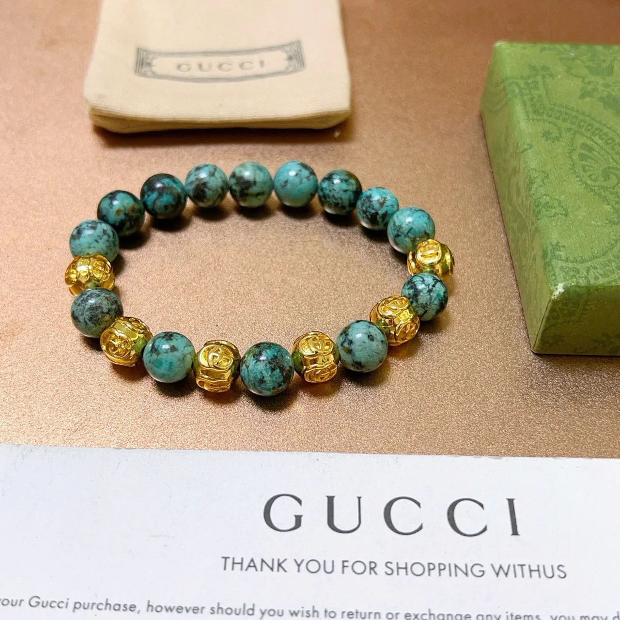 Gucci Beaded Turquoise and Gold-Tone Bracelet 2