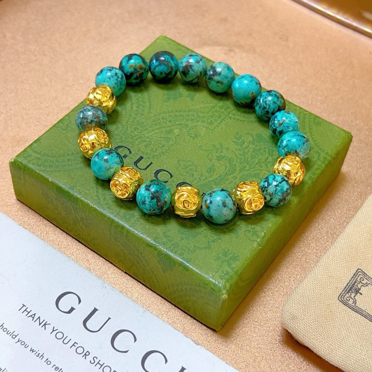 Gucci Beaded Turquoise and Gold-Tone Bracelet 4