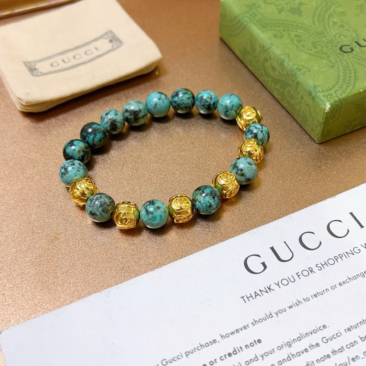 Gucci Beaded Turquoise and Gold-Tone Bracelet 5