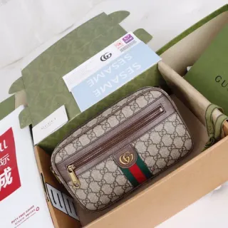 Gucci Beige Brown GG Monogram Canvas Leather Trim Camera Bag