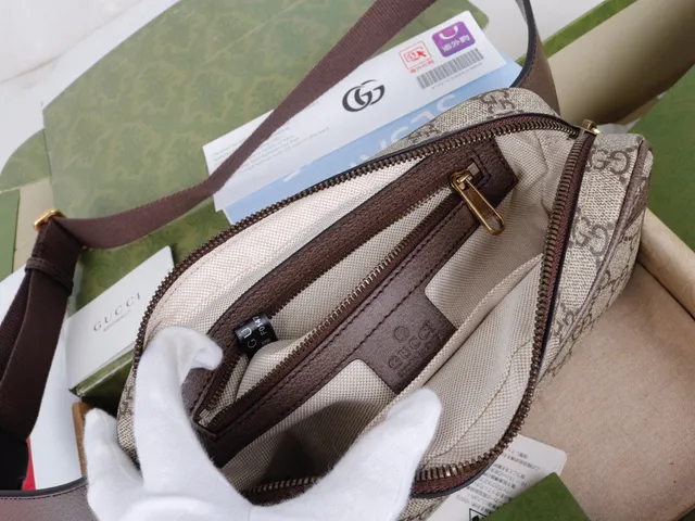 Gucci Beige Brown GG Monogram Canvas Leather Trim Camera Bag 2
