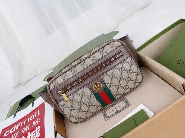 Gucci Beige Brown GG Monogram Canvas Leather Trim Camera Bag 4