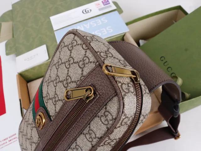 Gucci Beige Brown GG Monogram Canvas Leather Trim Camera Bag 10