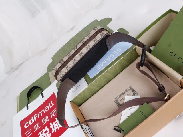 Gucci Beige Brown GG Monogram Canvas Leather Trim Camera Bag 12
