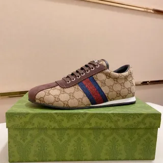 Gucci Beige Brown Monogram Canvas Suede Overlays Lifestyle Sneakers