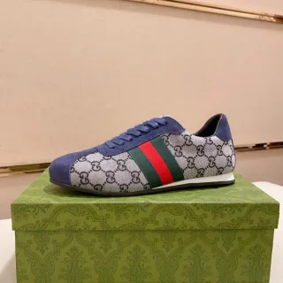 Gucci Beige Navy GG Monogram Canvas Suede Overlays Lifestyle Sneakers