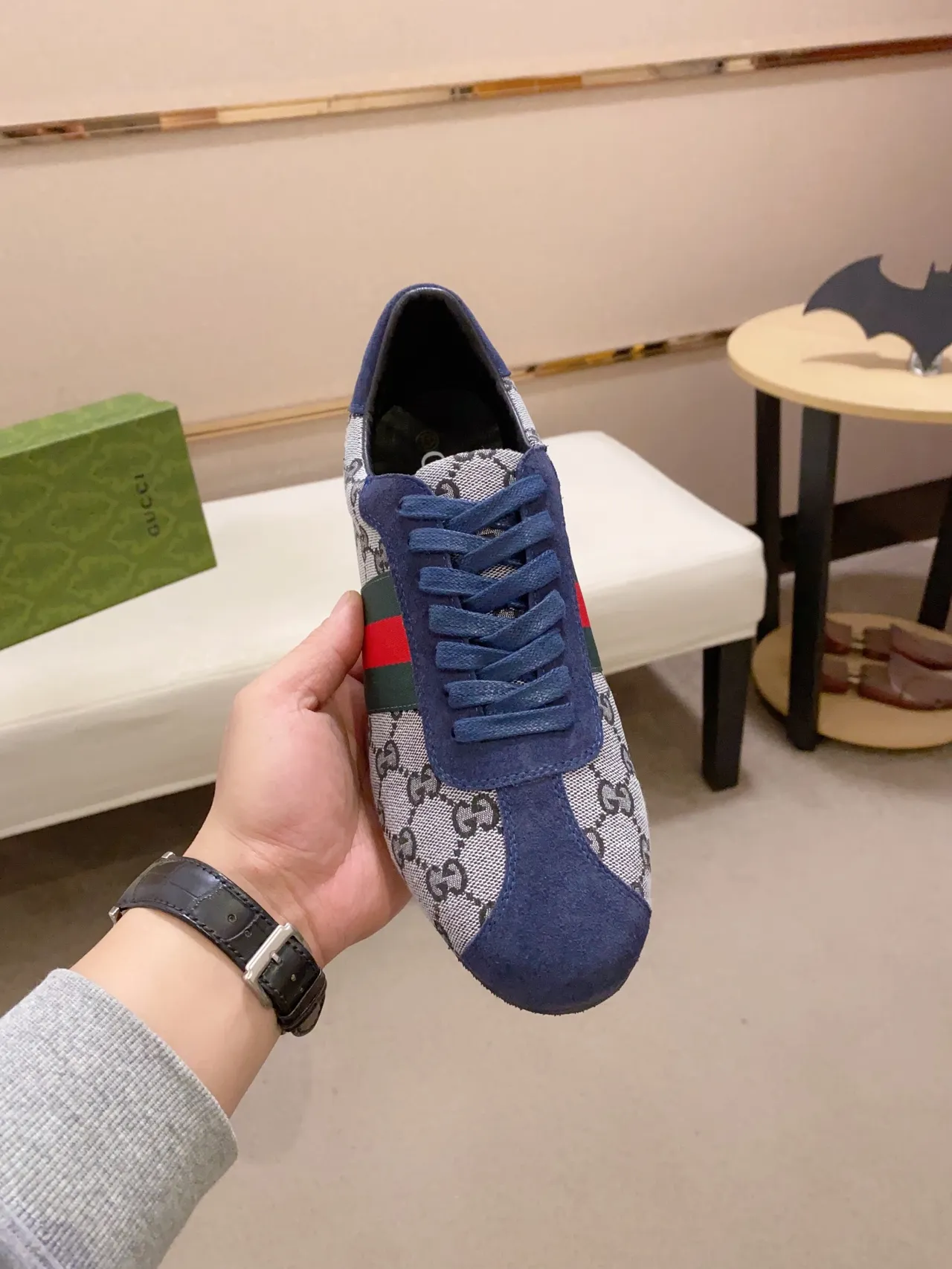 Gucci Beige Navy GG Monogram Canvas Suede Overlays Lifestyle Sneakers 5