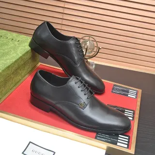 Gucci Black Gold Polished Leather Cap Toe Oxford Shoes