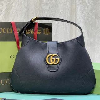 Gucci Black Gold Textured Leather Interlocking GG Hardware Handbag