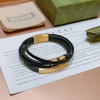 Gucci Black Gold Triple-Wrap Braided Leather Bracelet