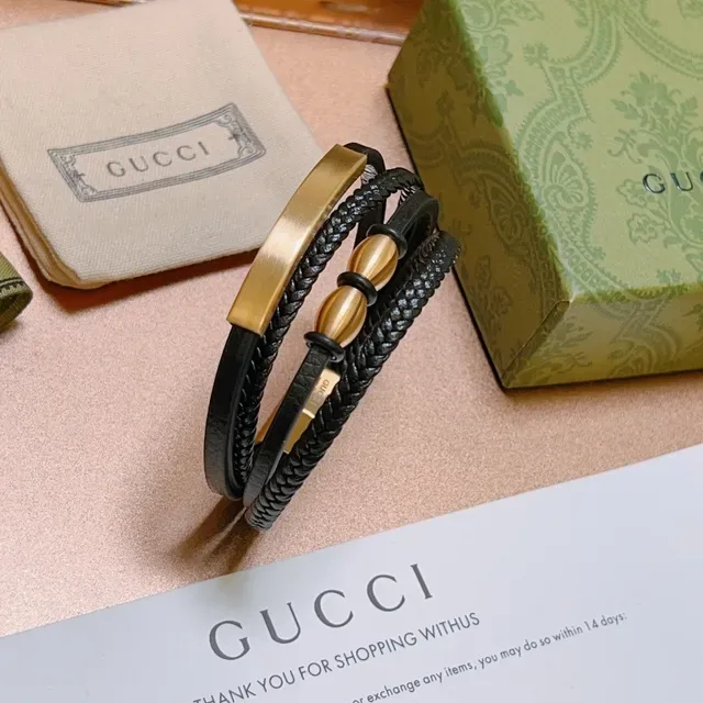 Gucci Black Gold Triple-Wrap Braided Leather Bracelet 4