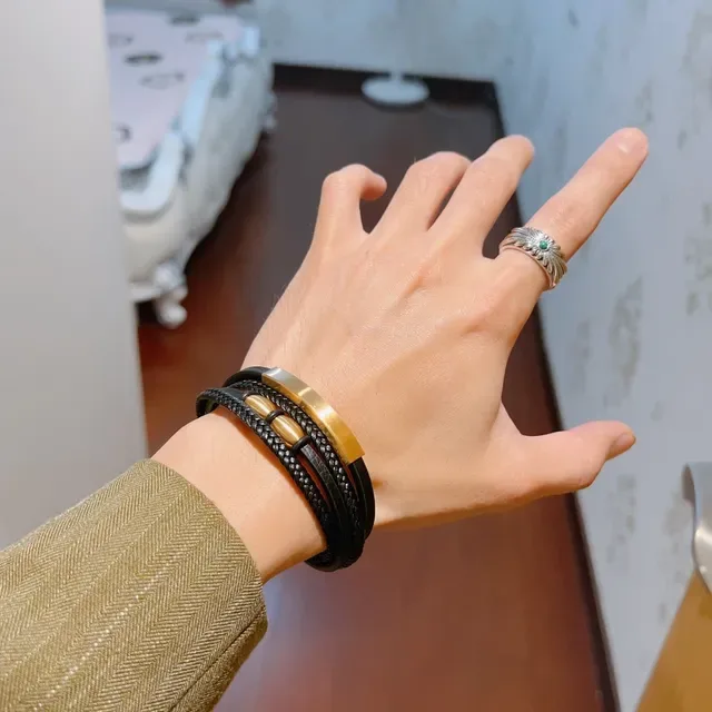 Gucci Black Gold Triple-Wrap Braided Leather Bracelet 5