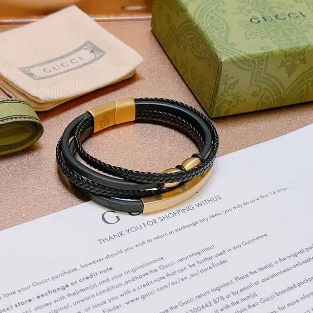 Gucci Black Gold Triple-Wrap Braided Leather Bracelet 6