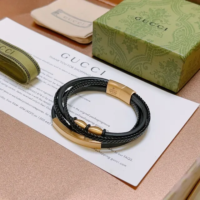 Gucci Black Gold Triple-Wrap Braided Leather Bracelet 7