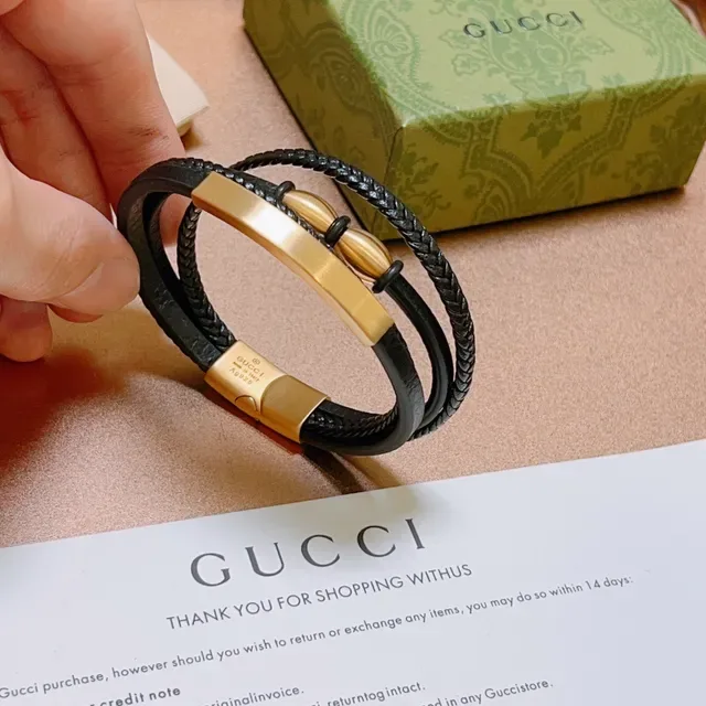 Gucci Black Gold Triple-Wrap Braided Leather Bracelet 9