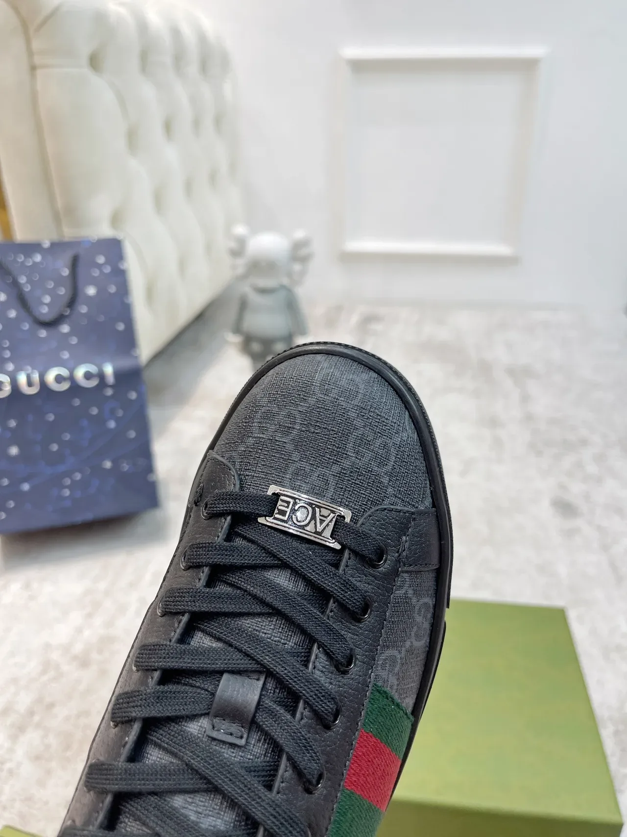 Gucci Black Green GG Monogram Canvas Web Stripe Side Panel Lifestyle Sneakers 3