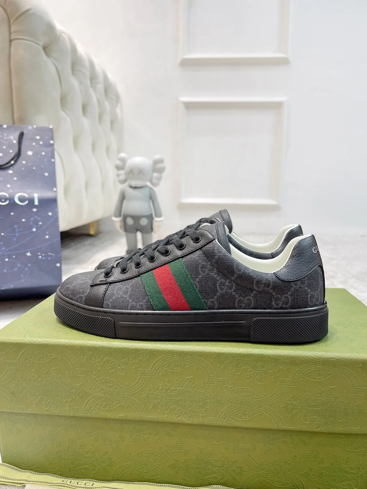 Gucci Black Green GG Monogram Canvas Web Stripe Side Panel Lifestyle Sneakers 4