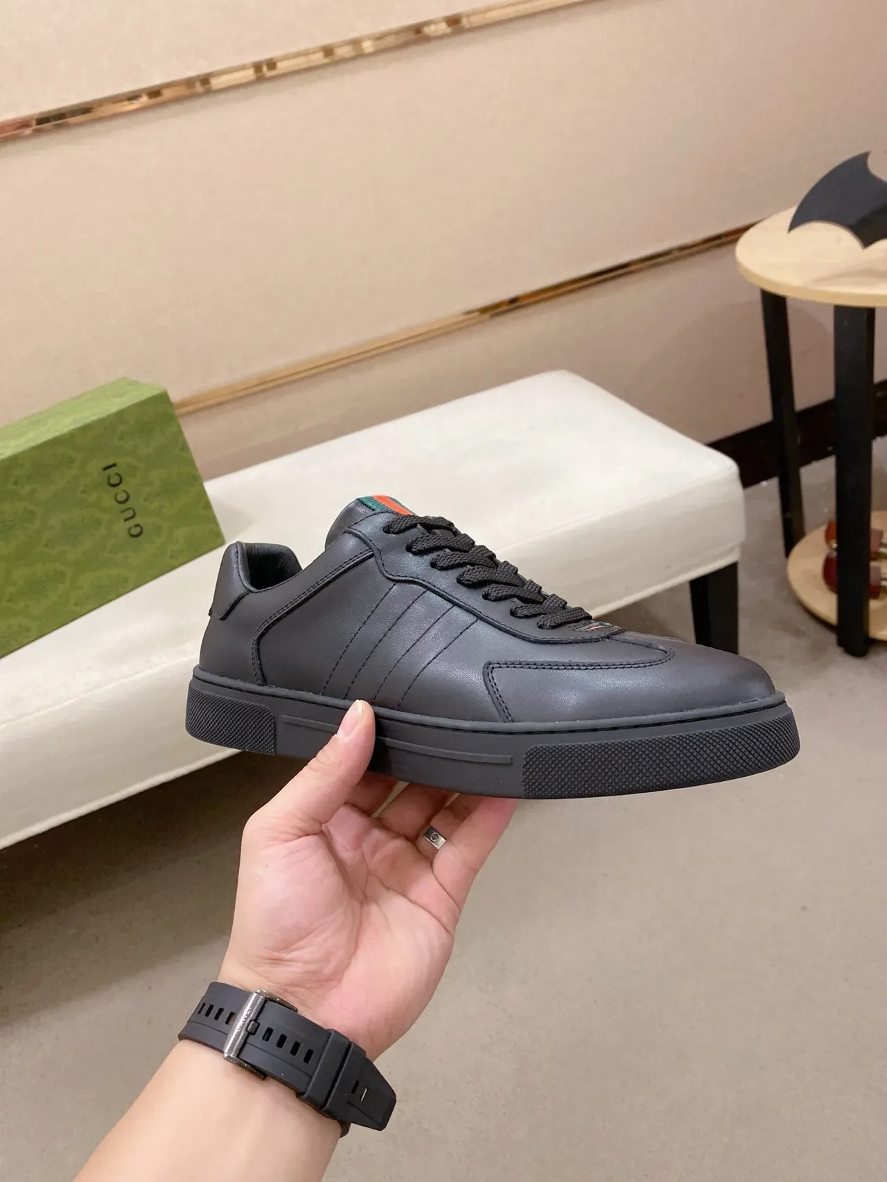 Gucci Sneakers Lifestyle Noir Vert Cuir Panelisé Semelle Plate Cupsole 4