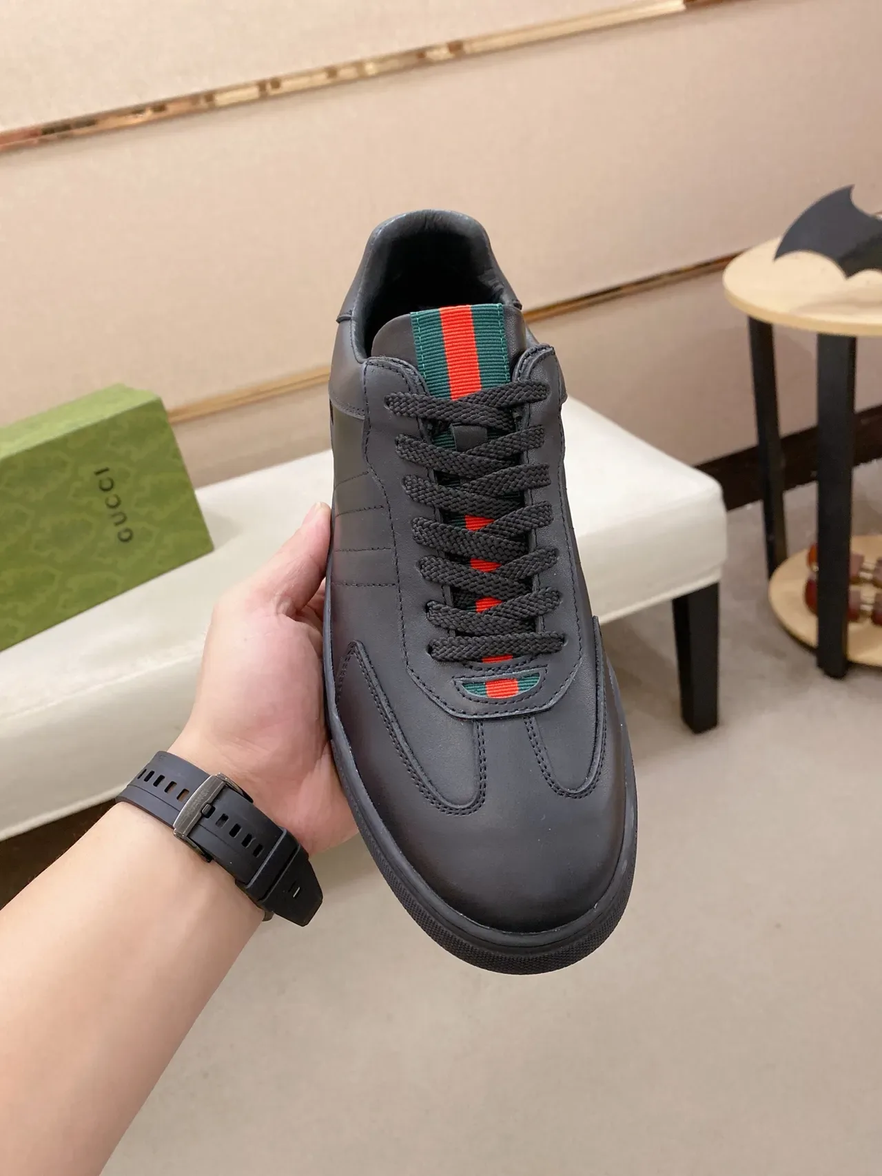 Gucci Sneakers Lifestyle Noir Vert Cuir Panelisé Semelle Plate Cupsole 5