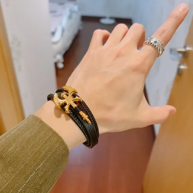 Gucci Black Leather and Braided Cord Double-Wrap Bracelet 2