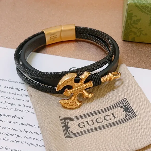 Gucci Black Leather and Braided Cord Double-Wrap Bracelet 3