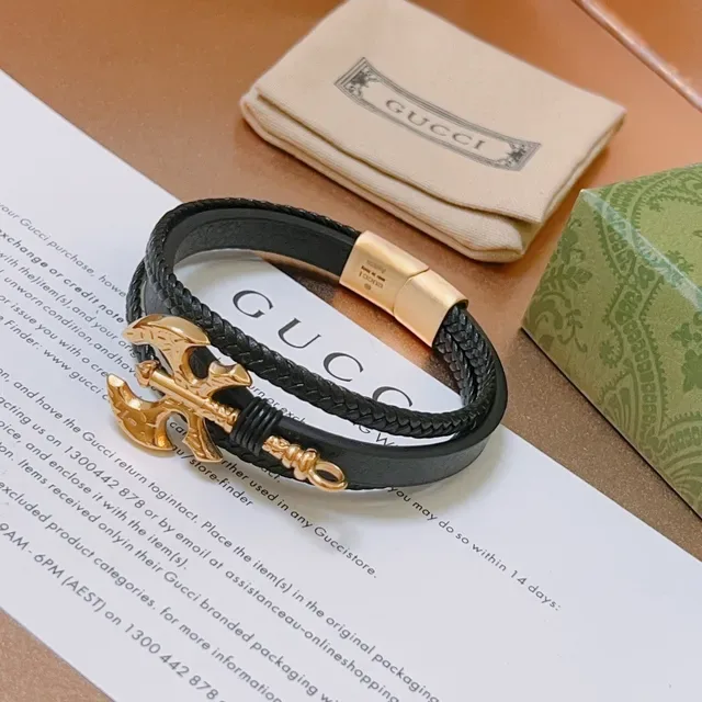 Gucci Black Leather and Braided Cord Double-Wrap Bracelet 4