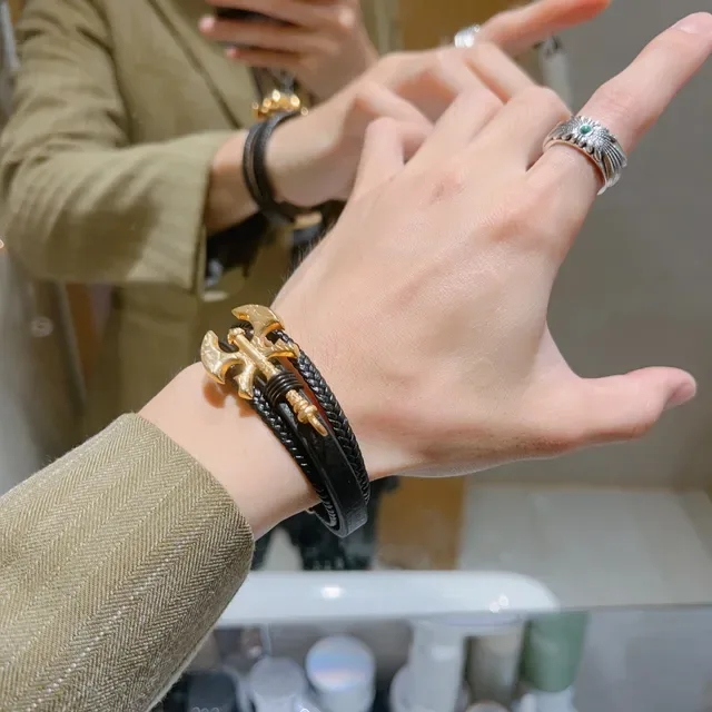 Gucci Black Leather and Braided Cord Double-Wrap Bracelet 5