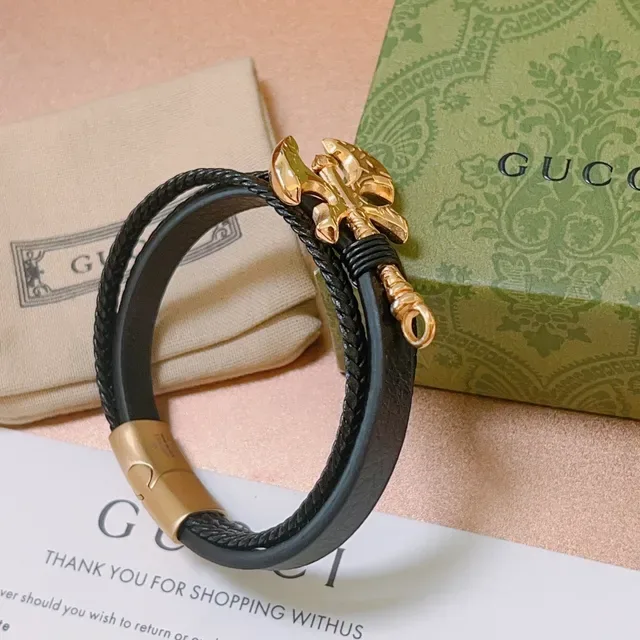 Gucci Black Leather and Braided Cord Double-Wrap Bracelet 6