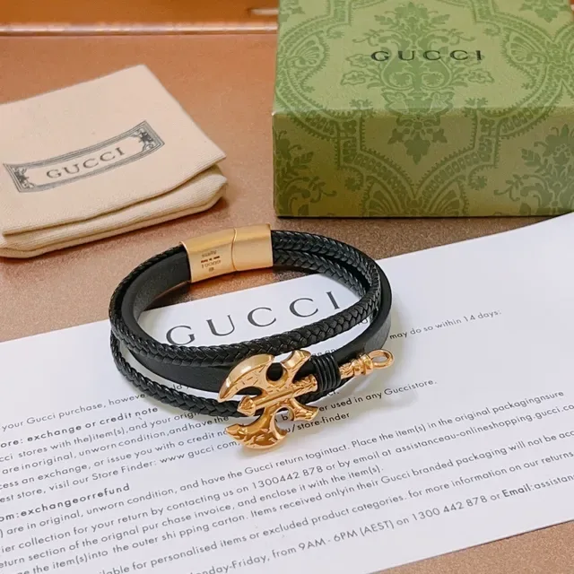 Gucci Black Leather and Braided Cord Double-Wrap Bracelet 7