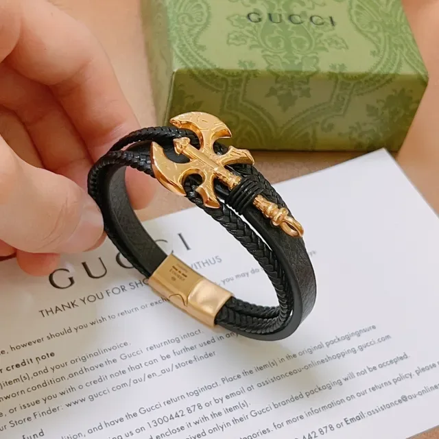 Gucci Black Leather and Braided Cord Double-Wrap Bracelet 9