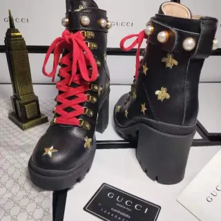 Gucci Black Red Embellished Pearl-Trimmed Ankle Boots