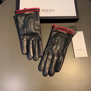 Gucci Black Red Smooth Cuff Leather Gloves