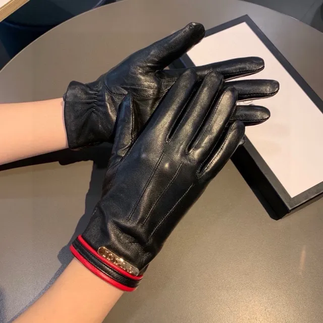 Gucci Black Red Smooth Cuff Leather Gloves 4