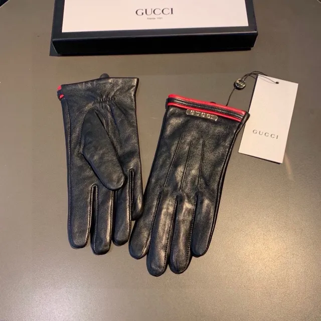 Gucci Black Red Smooth Cuff Leather Gloves 7