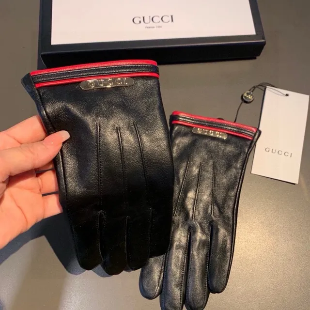 Gucci Black Red Smooth Cuff Leather Gloves 8
