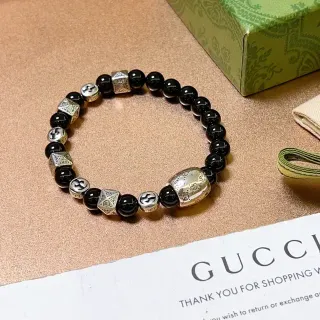 Gucci Black Silver Beaded Metal-Charm Bracelet