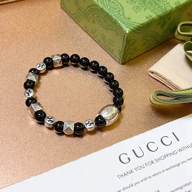Gucci Black Silver Beaded Metal-Charm Bracelet 5