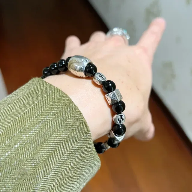 Gucci Black Silver Beaded Metal-Charm Bracelet 8