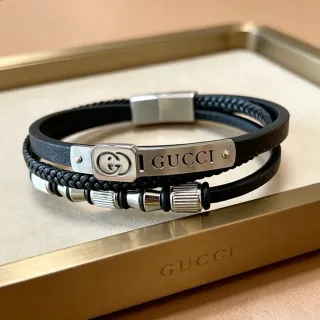 Gucci Black Silver Multi-Layered Braided Rope And Smooth Leather Bracelet