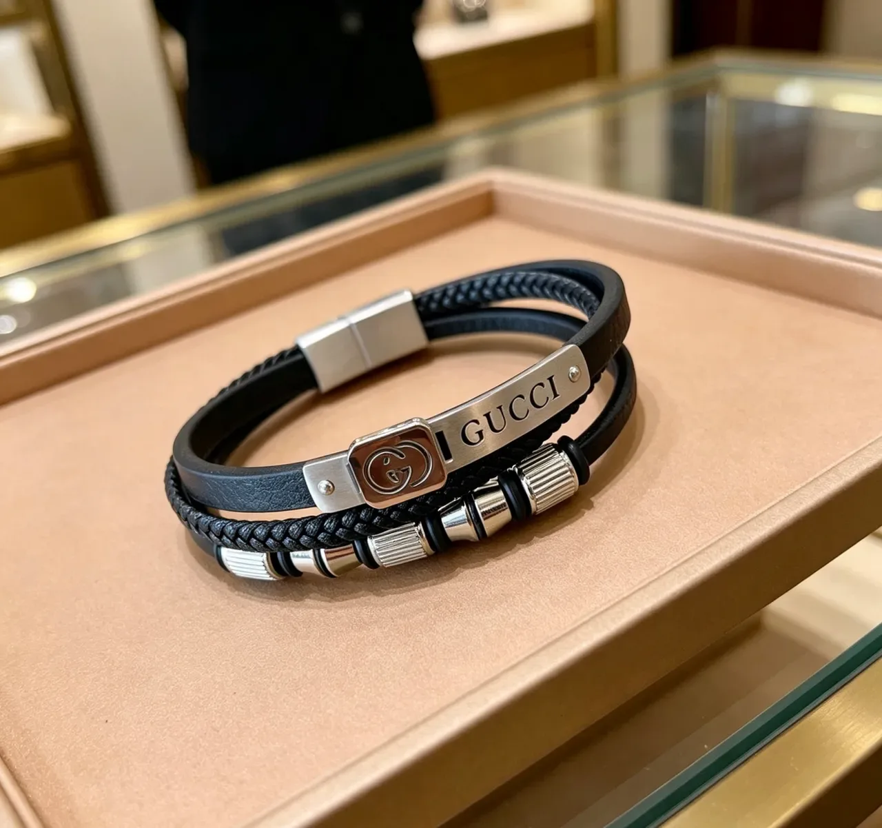 Gucci Black Silver Multi-Layered Braided Rope And Smooth Leather Bracelet 2